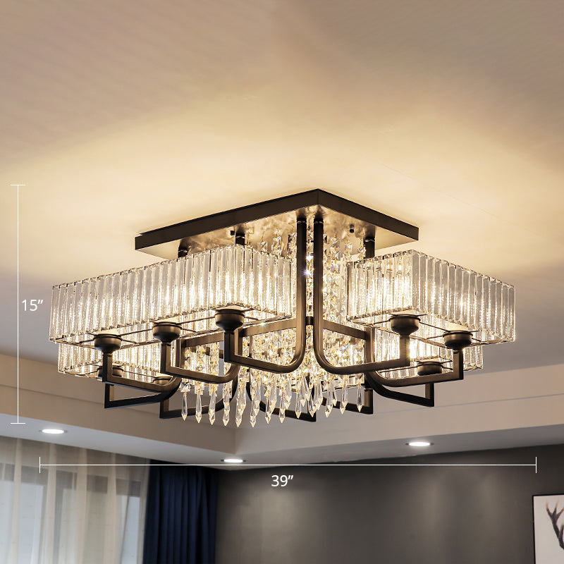 Contemporary Rectangle Ceiling Light Prismatic Crystal Living Room Semi Flush Mount Light in Black