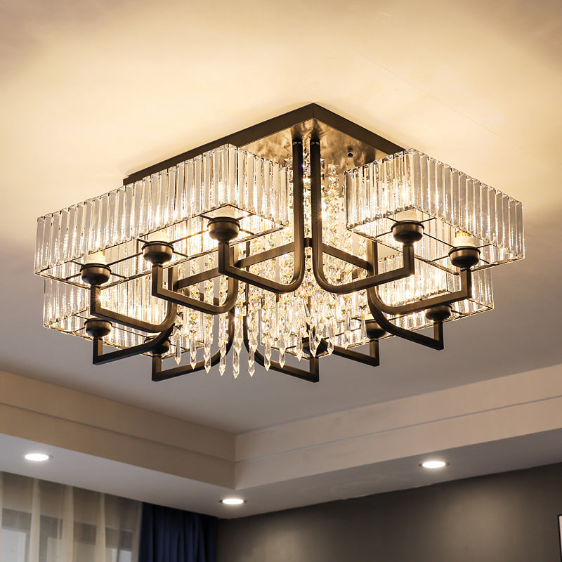 Contemporary Rectangle Ceiling Light Prismatic Crystal Living Room Semi Flush Mount Light in Black