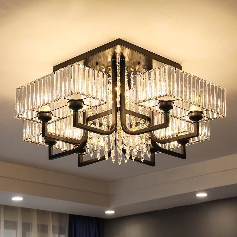 Contemporary Rectangle Ceiling Light Prismatic Crystal Living Room Semi Flush Mount Light in Black