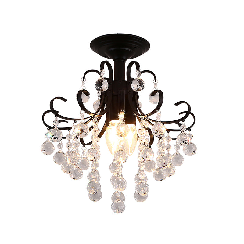 3-Bulb Semi Mount Lighting Vintage Swirl Crystal Ceiling Light in Black for Foyer