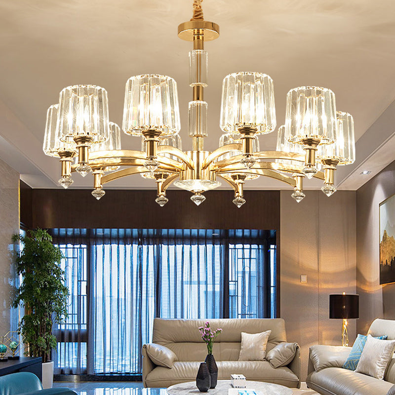 Cylindrical Living Room Chandelier Clear Crystal Modernism Hanging Light in Brass