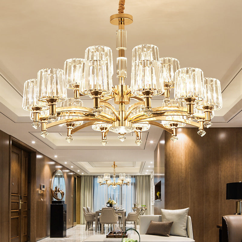 Cylindrical Living Room Chandelier Clear Crystal Modernism Hanging Light in Brass