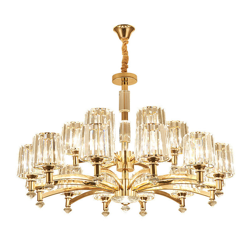 Cylindrical Living Room Chandelier Clear Crystal Modernism Hanging Light in Brass
