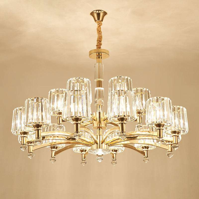 Cylindrical Living Room Chandelier Clear Crystal Modernism Hanging Light in Brass