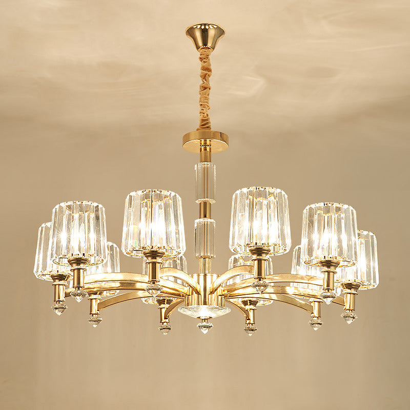 Cylindrical Living Room Chandelier Clear Crystal Modernism Hanging Light in Brass
