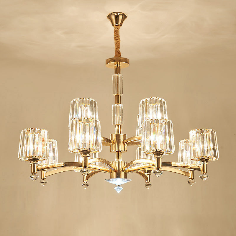 Cylindrical Living Room Chandelier Clear Crystal Modernism Hanging Light in Brass