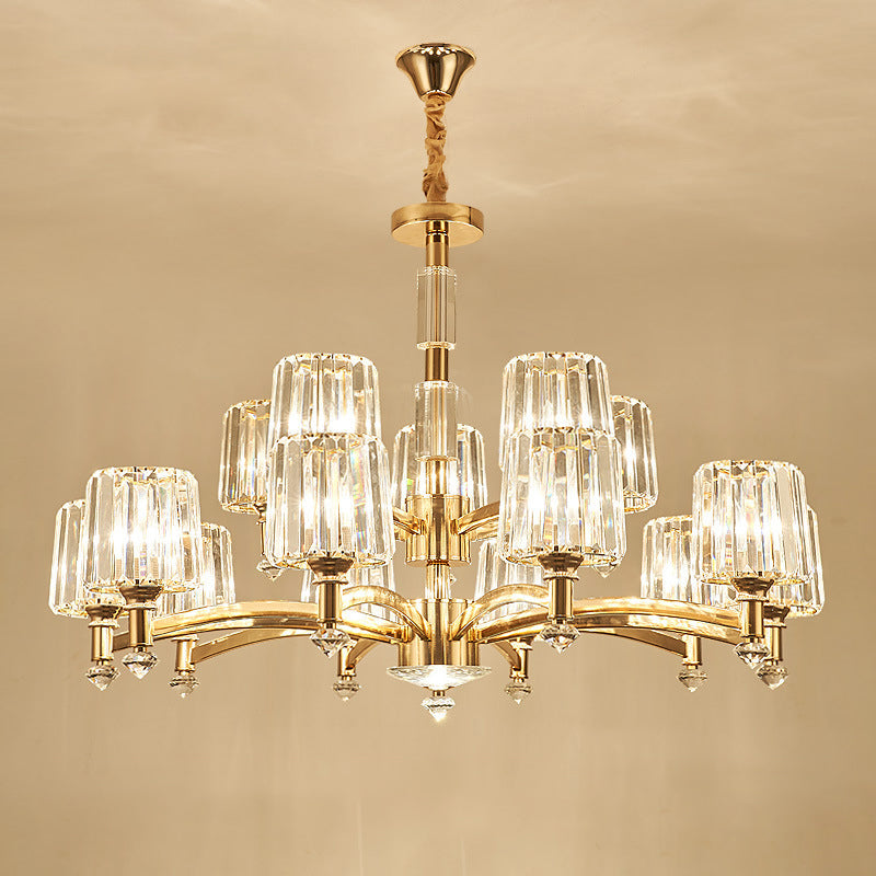 Cylindrical Living Room Chandelier Clear Crystal Modernism Hanging Light in Brass