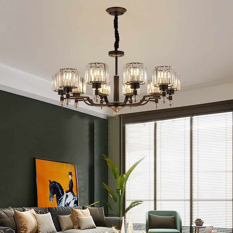 Minimalist Style Up Chandelier Black Cylindrical Suspension Light with Crystal Shade