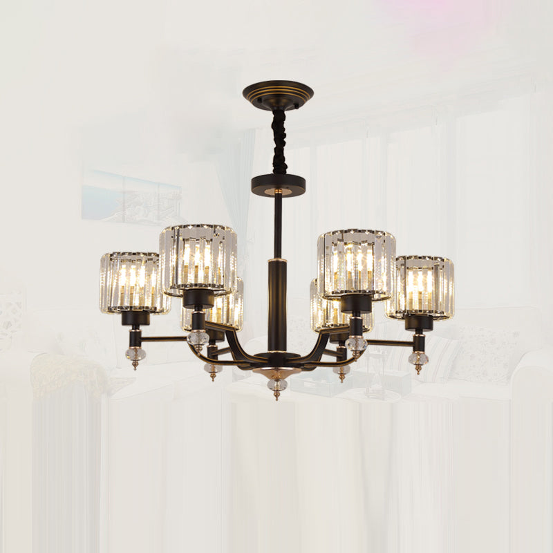 Minimalist Style Up Chandelier Black Cylindrical Suspension Light with Crystal Shade