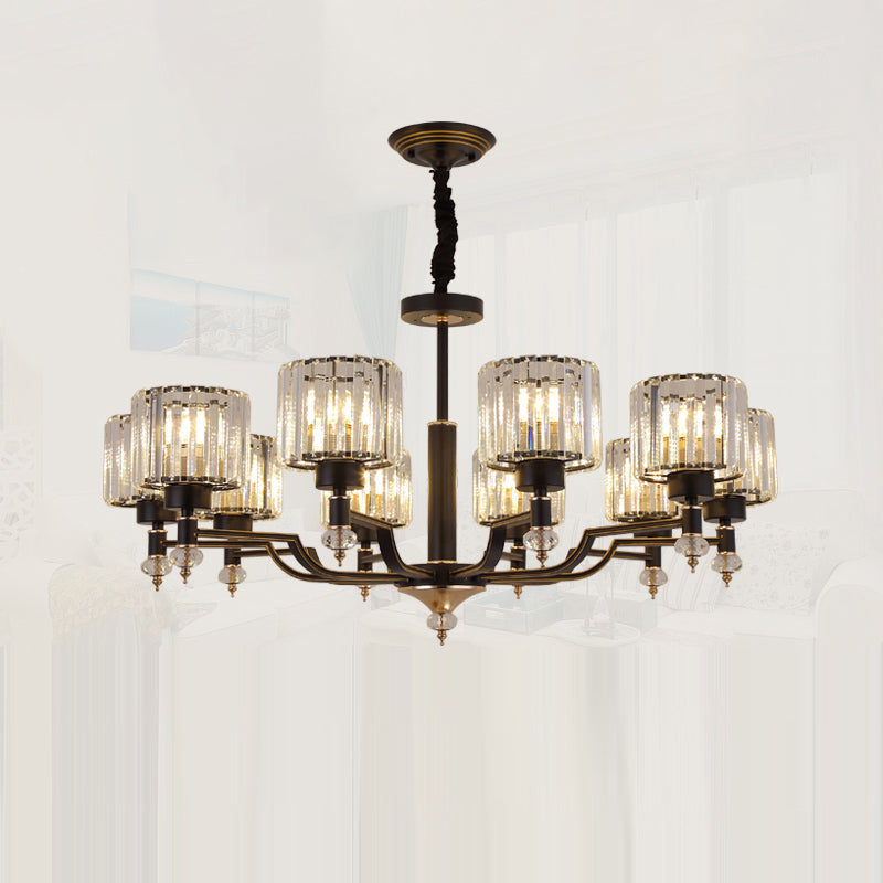 Minimalist Style Up Chandelier Black Cylindrical Suspension Light with Crystal Shade