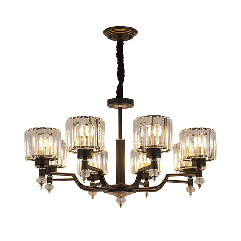 Minimalist Style Up Chandelier Black Cylindrical Suspension Light with Crystal Shade