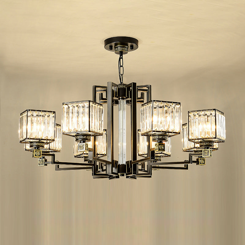 Traditionele kubieke hanglampverlichting Duidelijke drievoudige glazen kroonluchter verlichtingsarmatuur in zwart