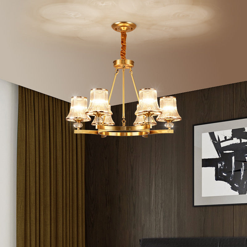 Brass Flared Chandelier Vintage Clear Rib Glass Living Room Suspension Pendant Light