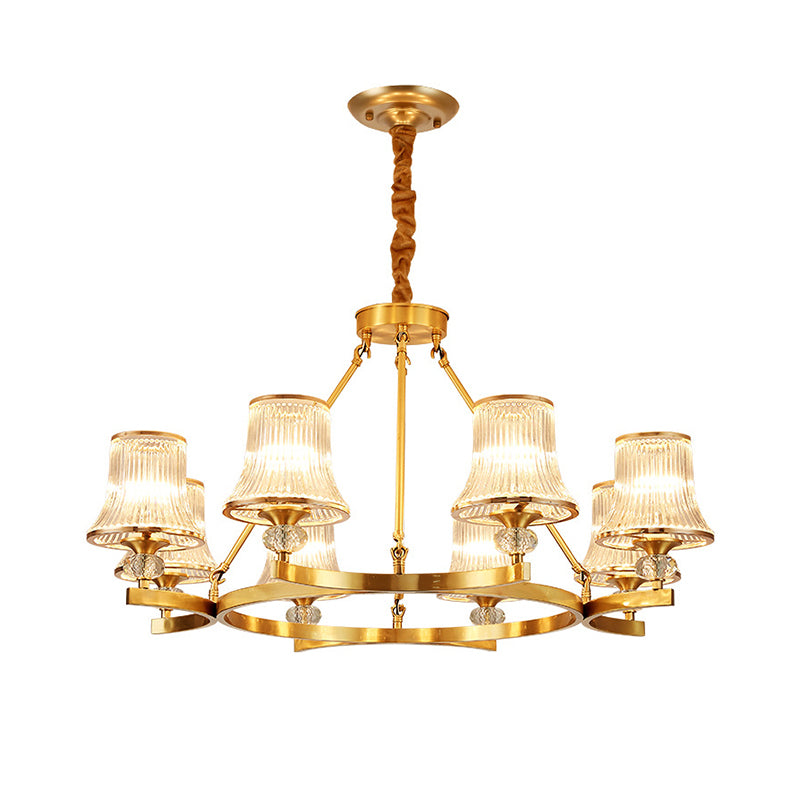 Brass Flared Chandelier Vintage Clear Rib Glass Living Room Suspension Pendant Light