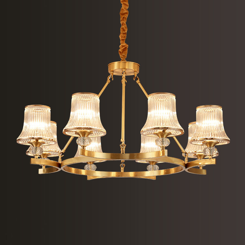 Brass Flared Chandelier Vintage Clear Rib Glass Living Room Suspension Pendant Light