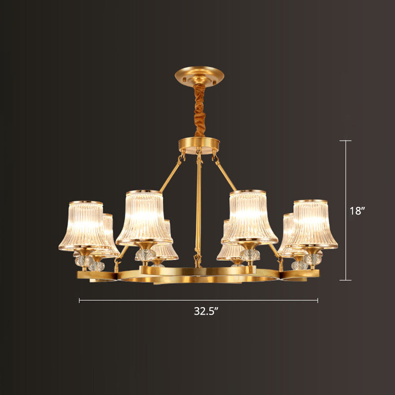 Brass Flared Chandelier Vintage Clear Rib Glass Living Room Suspension Pendant Light