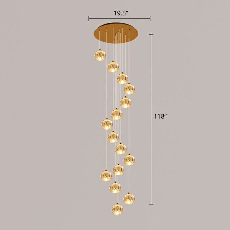 Faceted Cut Crystal Ball Ceiling Lamp Minimalist Golden Cluster Pendant Light for Stairs