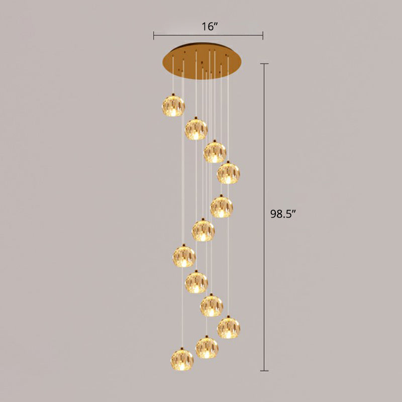 Faceted Cut Crystal Ball Ceiling Lamp Minimalist Golden Cluster Pendant Light for Stairs