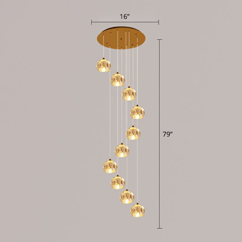 Faceted Cut Crystal Ball Ceiling Lamp Minimalist Golden Cluster Pendant Light for Stairs