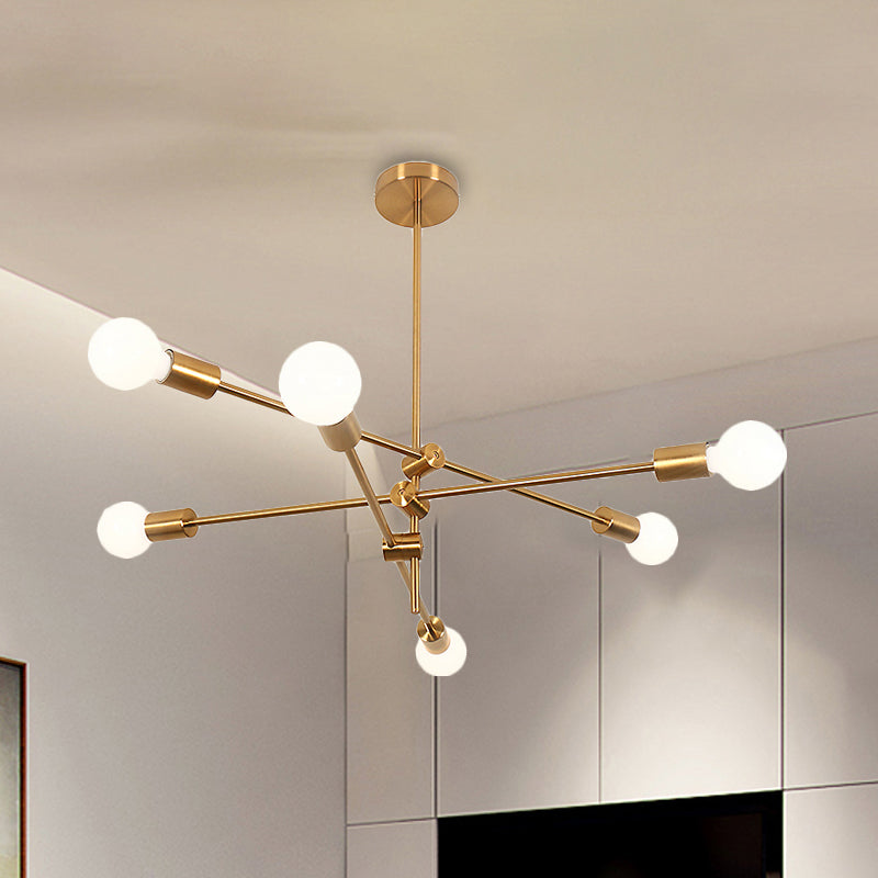 Mid Century Exposed Bulb Chandelier Light Metal 2/4/6 Lights Living Room Hanging Lamp in Gold