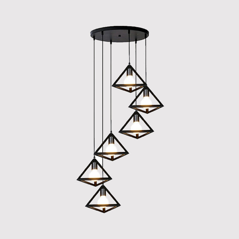 6-Light Cluster Pendant Loft Style Stairs Ceiling Lamp with Tetrahedron Cage Metal Shade in Black