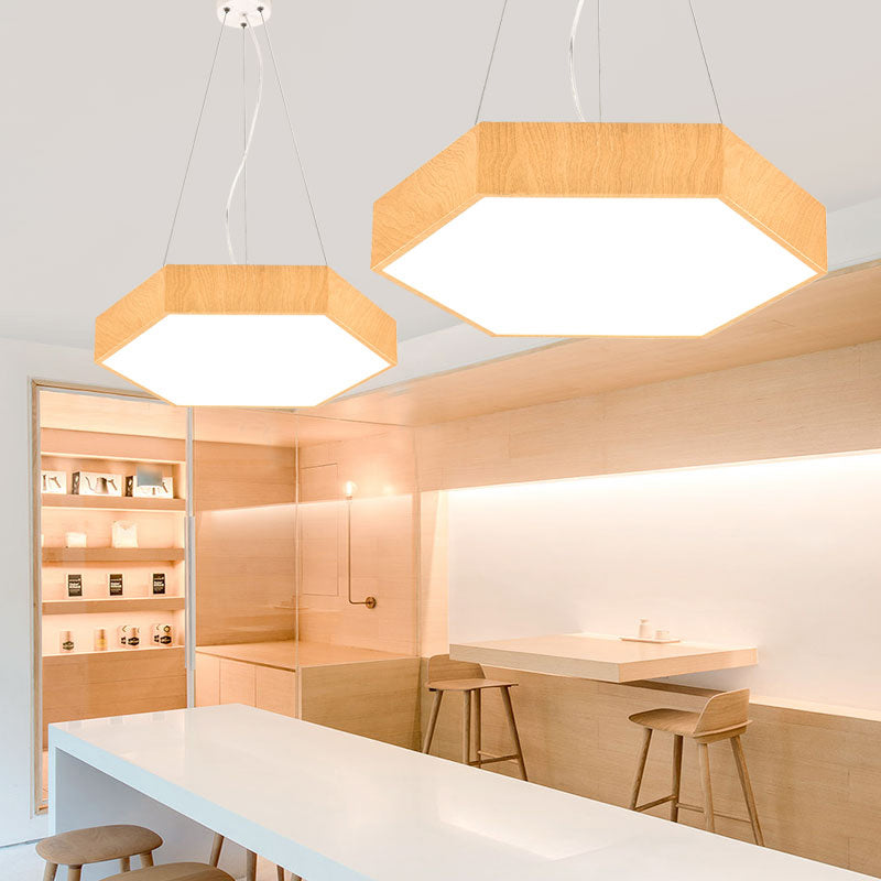 Sechseck-LED-Anhängerlampe Einfachheit Metall Leuchtholz Kronleuchterleuchte für Schlafzimmer