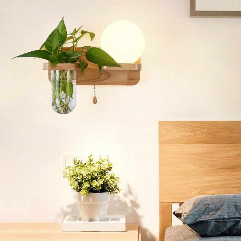 Cream Glass Geometric Wall Sconce Art Deco 1 Head Wall Mounted Light with Plant Container and Wooden Shelf