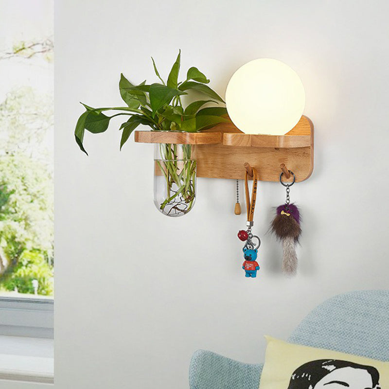 Cream Glass Geometric Wall Sconce Art Deco 1 Head Wall Mounted Light with Plant Container and Wooden Shelf