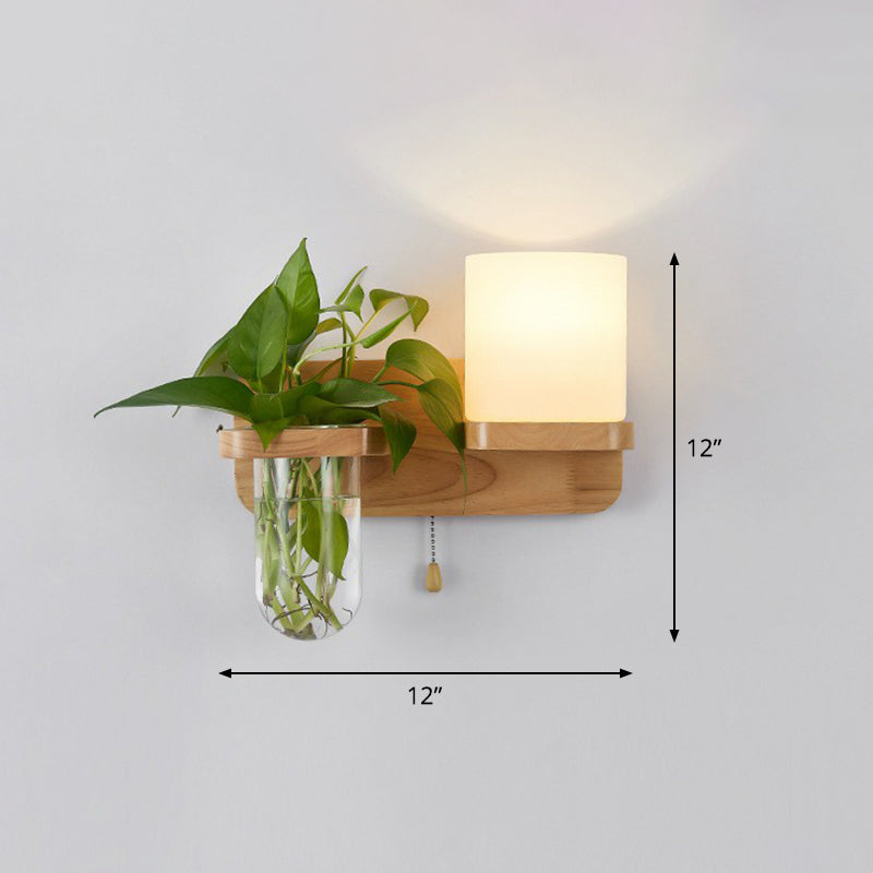 Cream Glass Geometric Wall Sconce Art Deco 1 Head Wall Mounted Light with Plant Container and Wooden Shelf