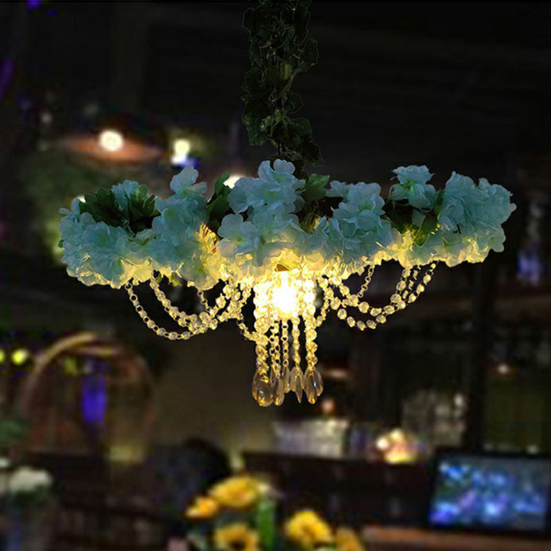 Industrial Cage Style Hanging Lamp 1 Head Metal Pendant Lighting with Artificial Leaf and Flower