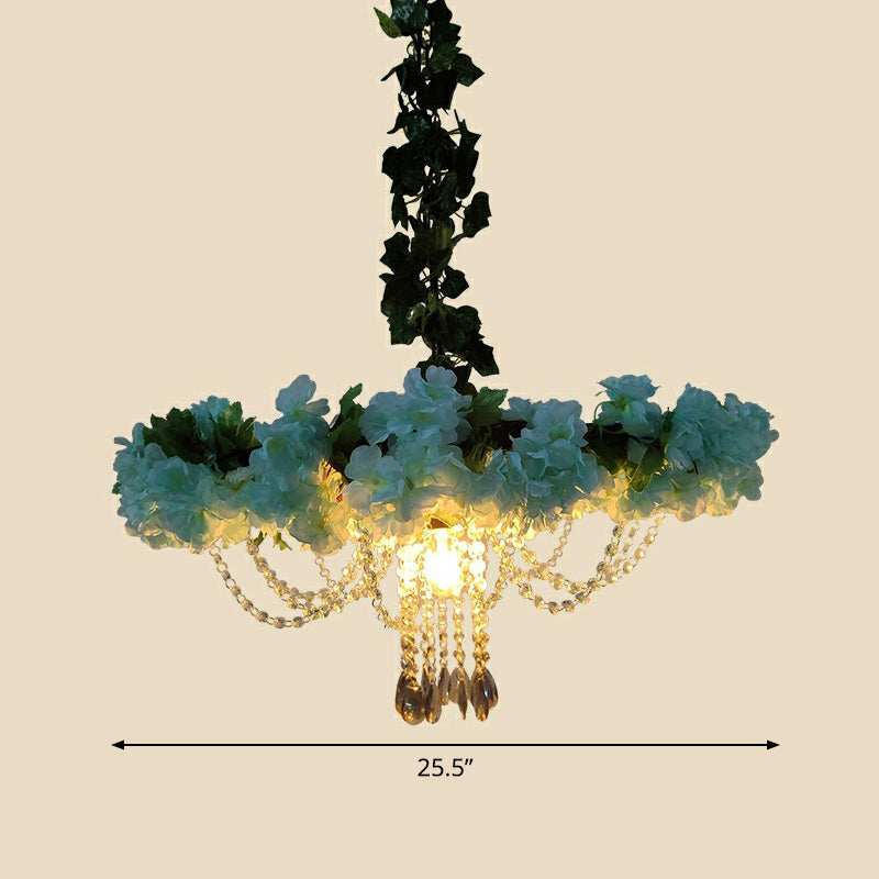 Industrial Cage Style Hanging Lamp 1 Head Metal Pendant Lighting with Artificial Leaf and Flower