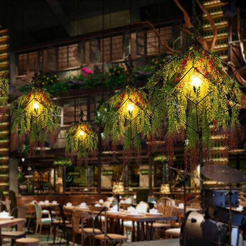 Industrial Cage Style Hanging Lamp 1 Head Metal Pendant Lighting with Artificial Leaf and Flower