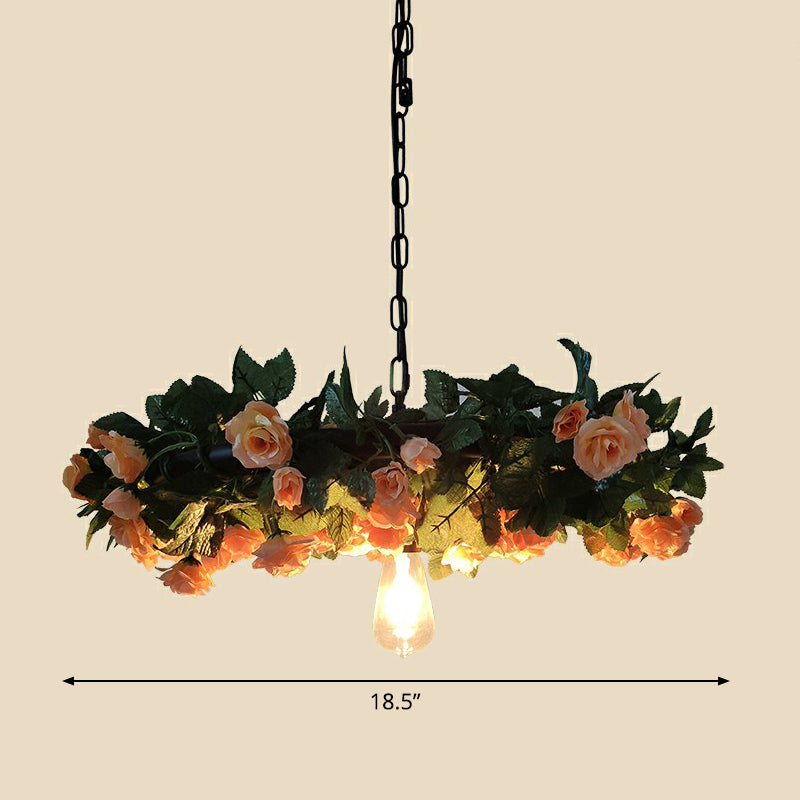 Industrial Cage Style Hanging Lamp 1 Head Metal Pendant Lighting with Artificial Leaf and Flower