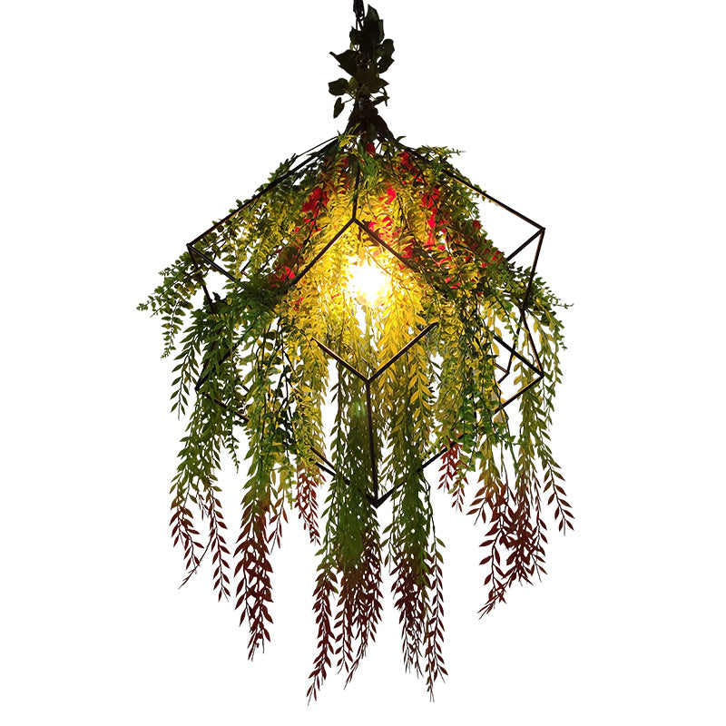 Industrial Cage Style Hanging Lamp 1 Head Metal Pendant Lighting with Artificial Leaf and Flower