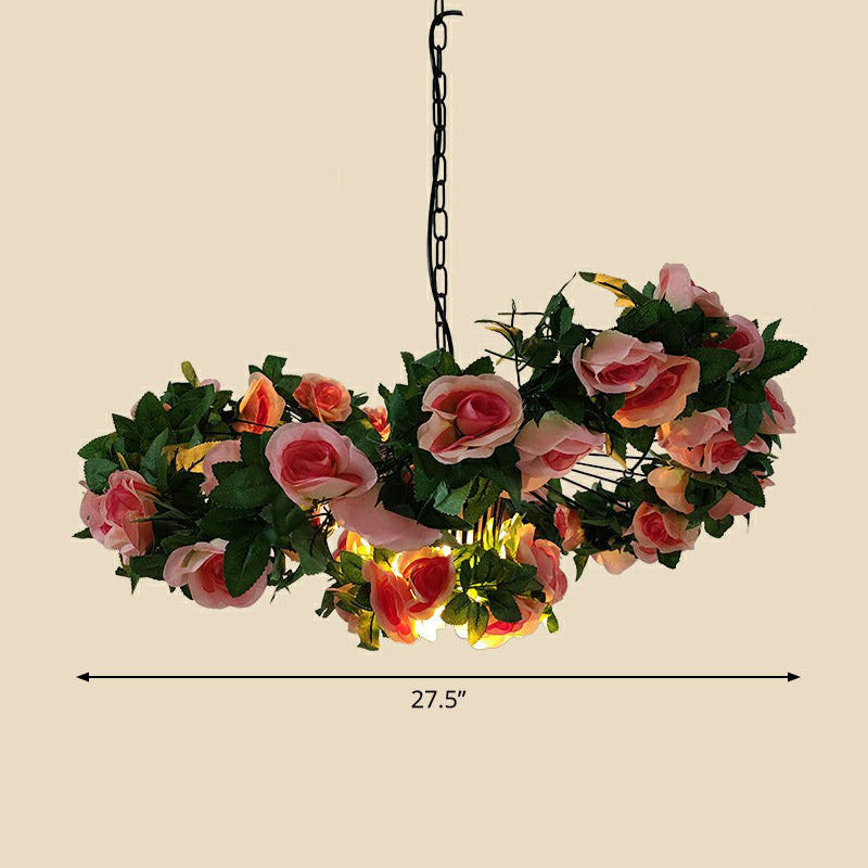 Industrial Cage Style Hanging Lamp 1 Head Metal Pendant Lighting with Artificial Leaf and Flower