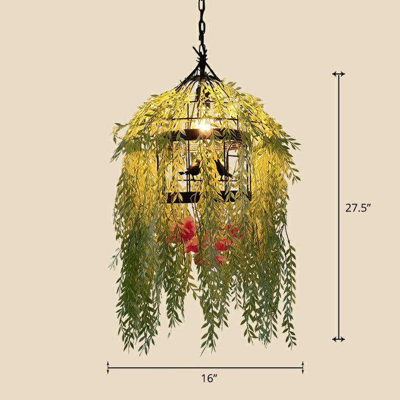 Industrial Cage Style Hanging Lamp 1 Head Metal Pendant Lighting with Artificial Leaf and Flower