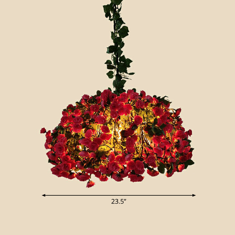 Industrial Cage Style Hanging Lamp 1 Head Metal Pendant Lighting with Artificial Leaf and Flower