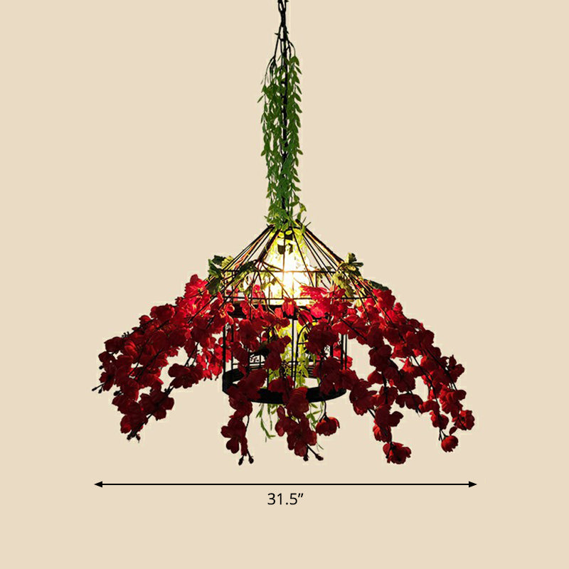 Industrial Cage Style Hanging Lamp 1 Head Metal Pendant Lighting with Artificial Leaf and Flower