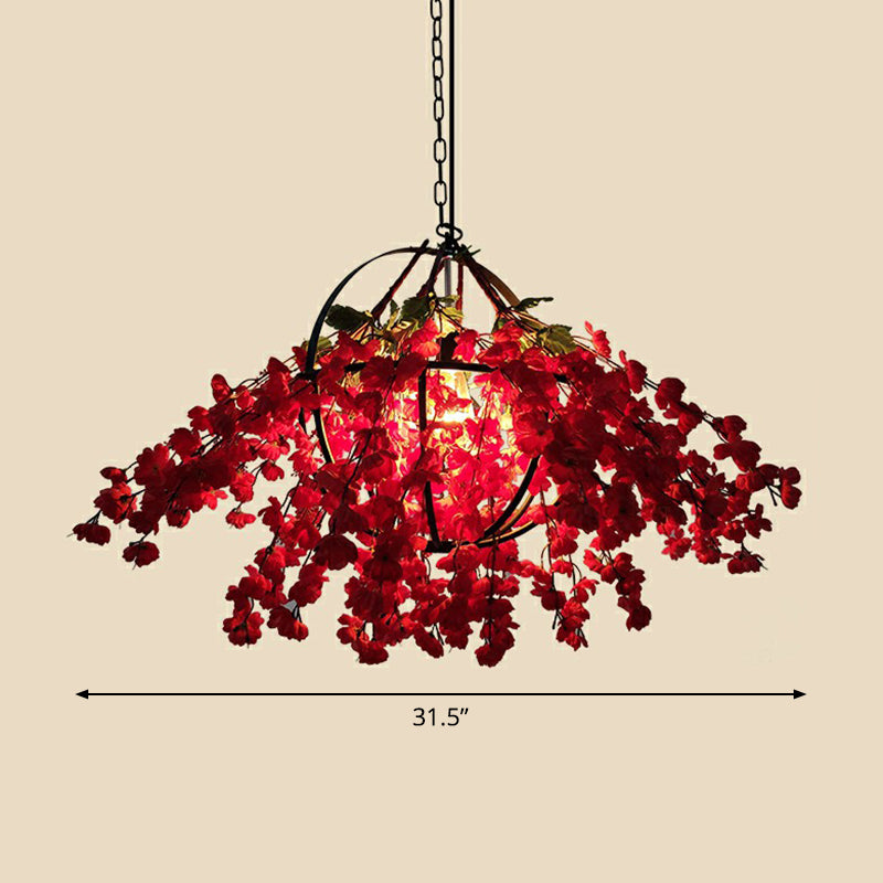 Industrial Cage Style Hanging Lamp 1 Head Metal Pendant Lighting with Artificial Leaf and Flower