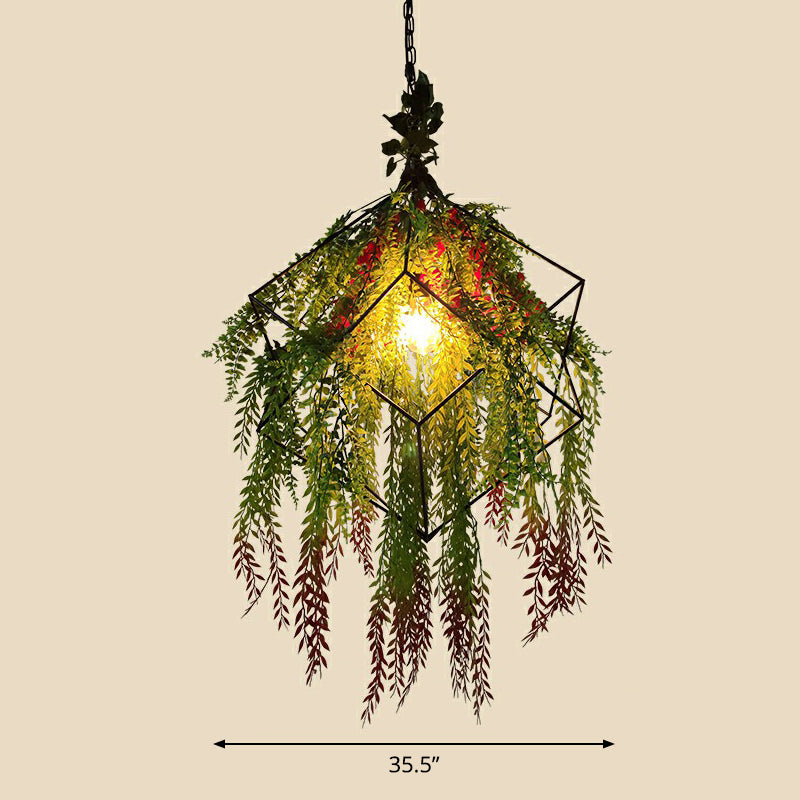 Industrial Cage Style Hanging Lamp 1 Head Metal Pendant Lighting with Artificial Leaf and Flower