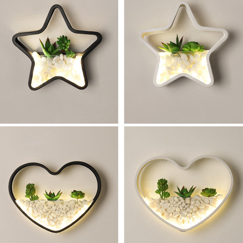 Metal Halo LED Sconce Light Art Deco Wall Mounted Light with Cobblestone and Imitation Plant