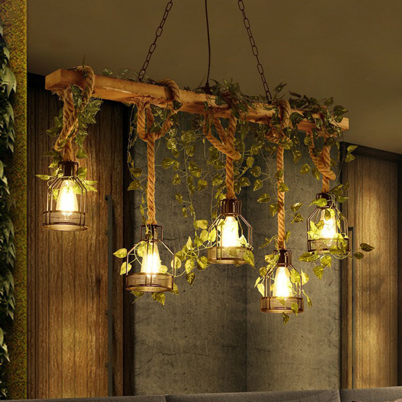 Wooden Brown Island Light Linear 5 Heads Rustic Pendant Light with Cage Shade and Green Art Ivy