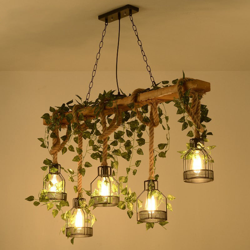 Wooden Brown Island Light Linear 5 Heads Rustic Pendant Light with Cage Shade and Green Art Ivy