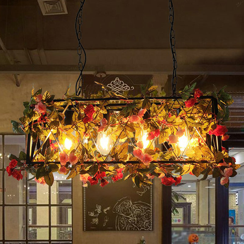 Rectangular Restaurant Pendant Light Fixture Rustic Iron Hanging Island Light with Fake Plant Decoration