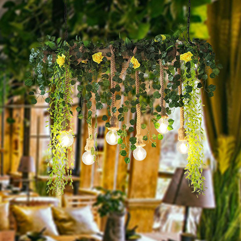 Rectangular Restaurant Pendant Light Fixture Rustic Iron Hanging Island Light with Fake Plant Decoration