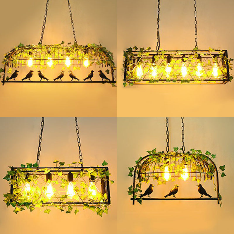 Cage Metal Island Pendant Light Industrial Dining Room Hanging Lamp with Imitation Leaf in Green