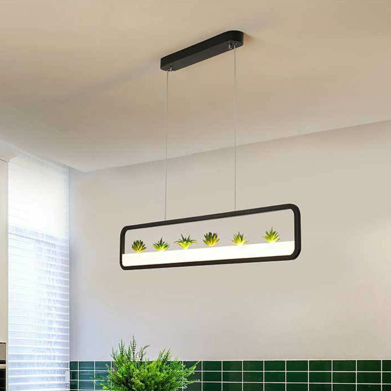 Rectangle Restaurant Island Lamp Artistic Metal LED Hanging Light with Imitation Succulents Deco