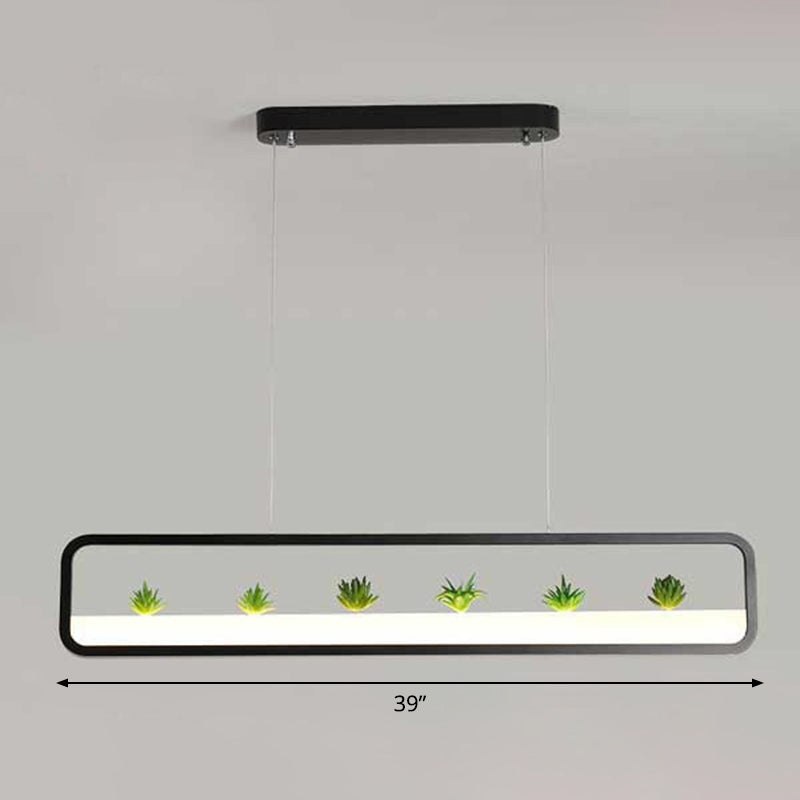 Rectangle Restaurant Island Lamp Artistic Metal LED Hanging Light with Imitation Succulents Deco