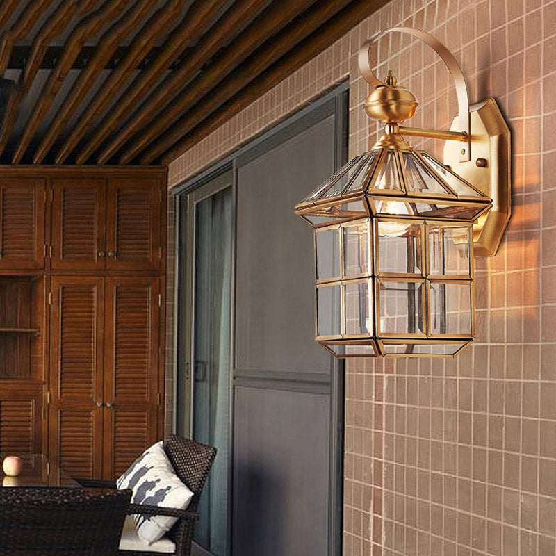 Brass House Sconce Light Traditionary Clear Glass 1 Bulb Wall Mounted Lamp for Balcony