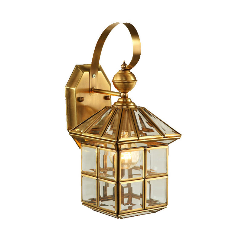 Brass House Sconce Light Traditionary Clear Glass 1 Bulb Wall Mounted Lamp for Balcony